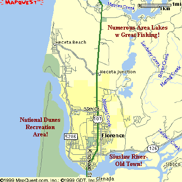 Map of Florence showing Heceta Beach and the house location three miles north of town and one half mile from the beach!